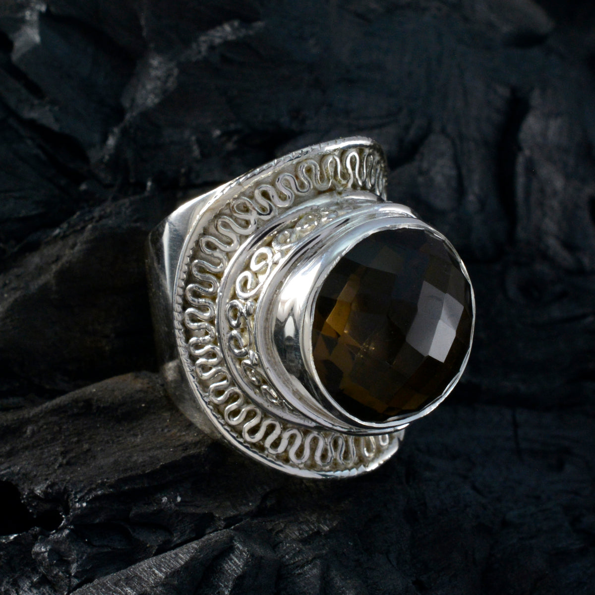 Smoky Quartz Solitaire Spanish 925 Sterling Silver Brown Gemstones Chunky Rope Wire Ring Jewelry