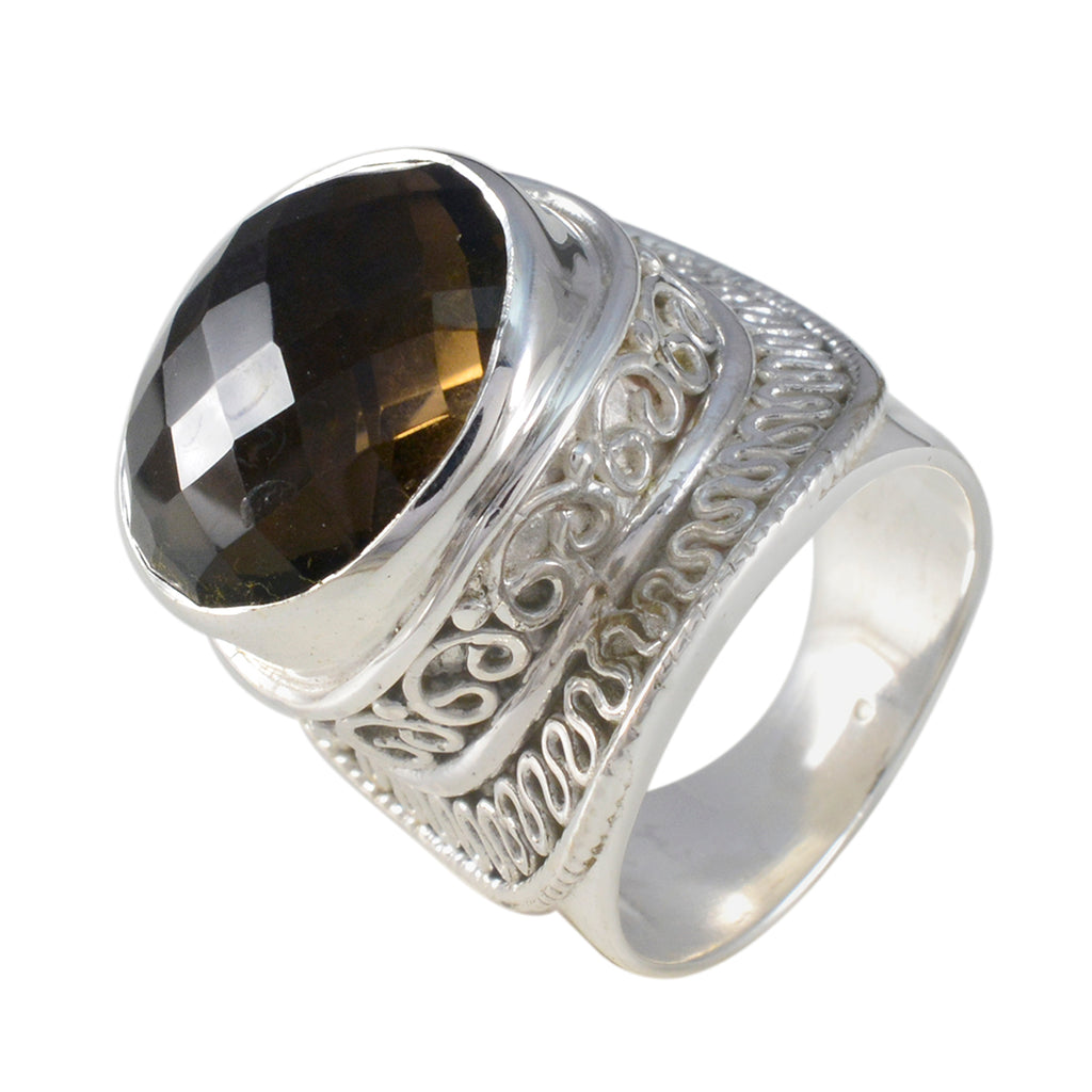 Smoky Quartz Solitaire Spanish 925 Sterling Silver Brown Gemstones Chunky Rope Wire Ring Jewelry