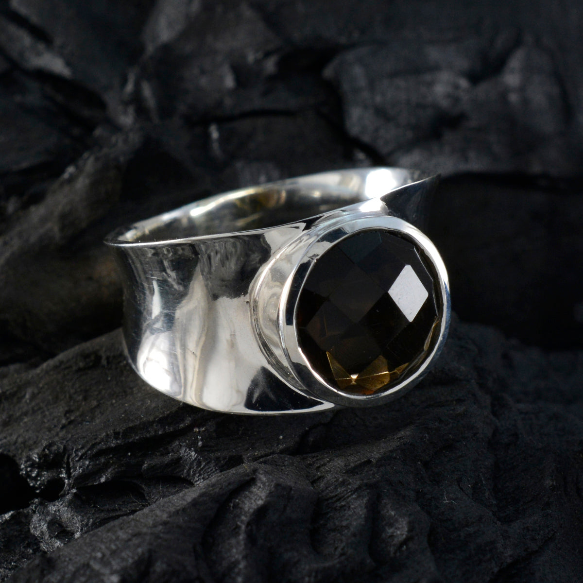 Smoky Quartz Solitaire French Silver Brown Gemstones Edgy Armor Band Jewellery