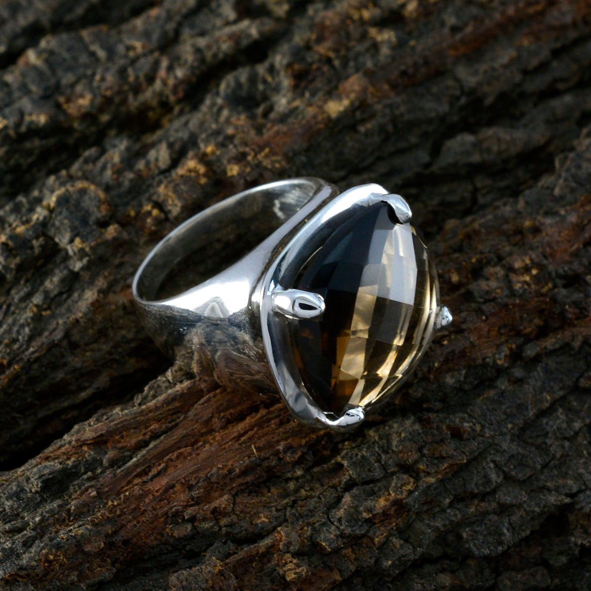 Smoky Quartz Solitaire Italian Sterling Silver Brown Gemstones Chunky Traditional Ring Jewellery