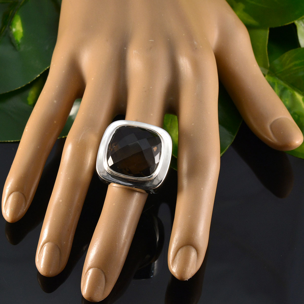 Smoky Quartz Solitaire Italian 925 Silver Brown Gems Chunky Signet Ring Jewelry