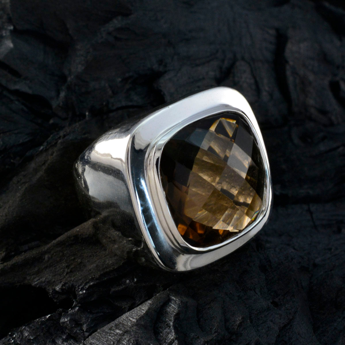Smoky Quartz Solitaire Italian 925 Silver Brown Gems Chunky Signet Ring Jewelry