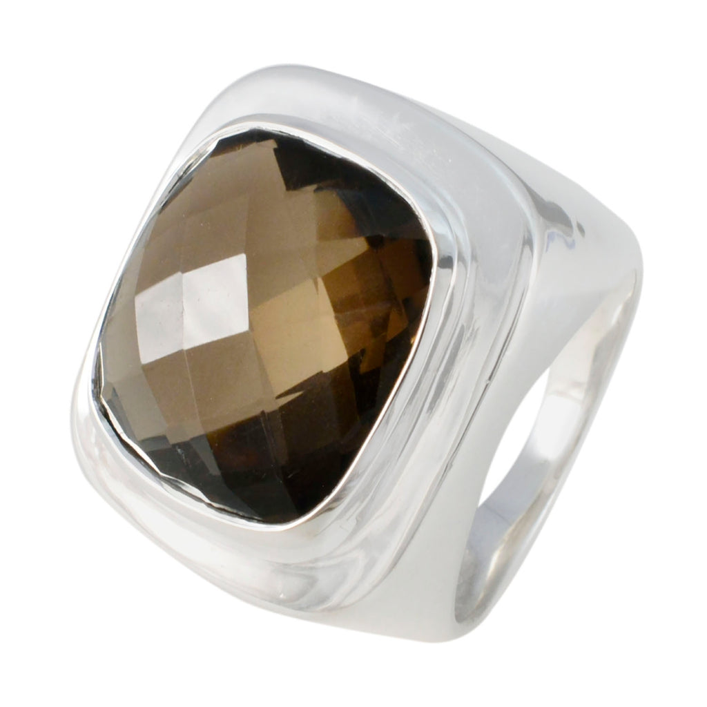 Smoky Quartz Solitaire Italian 925 Silver Brown Gems Chunky Signet Ring Jewelry