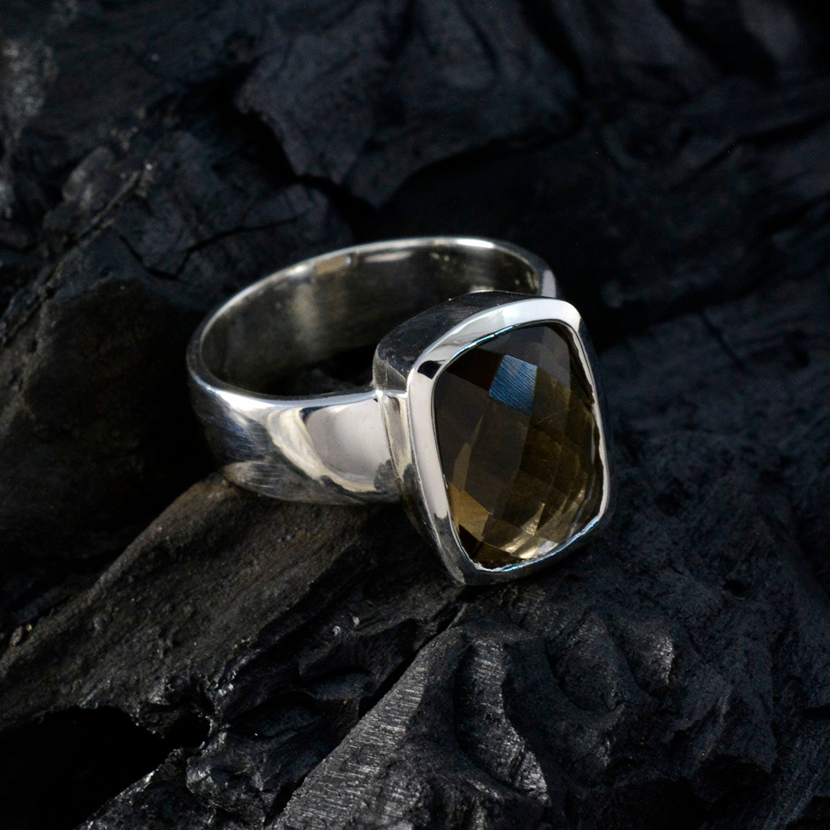 Smoky Quartz Solitaire French 925 Sterling Silver Brown Gemstone Versatile Modern Ring Jewellery