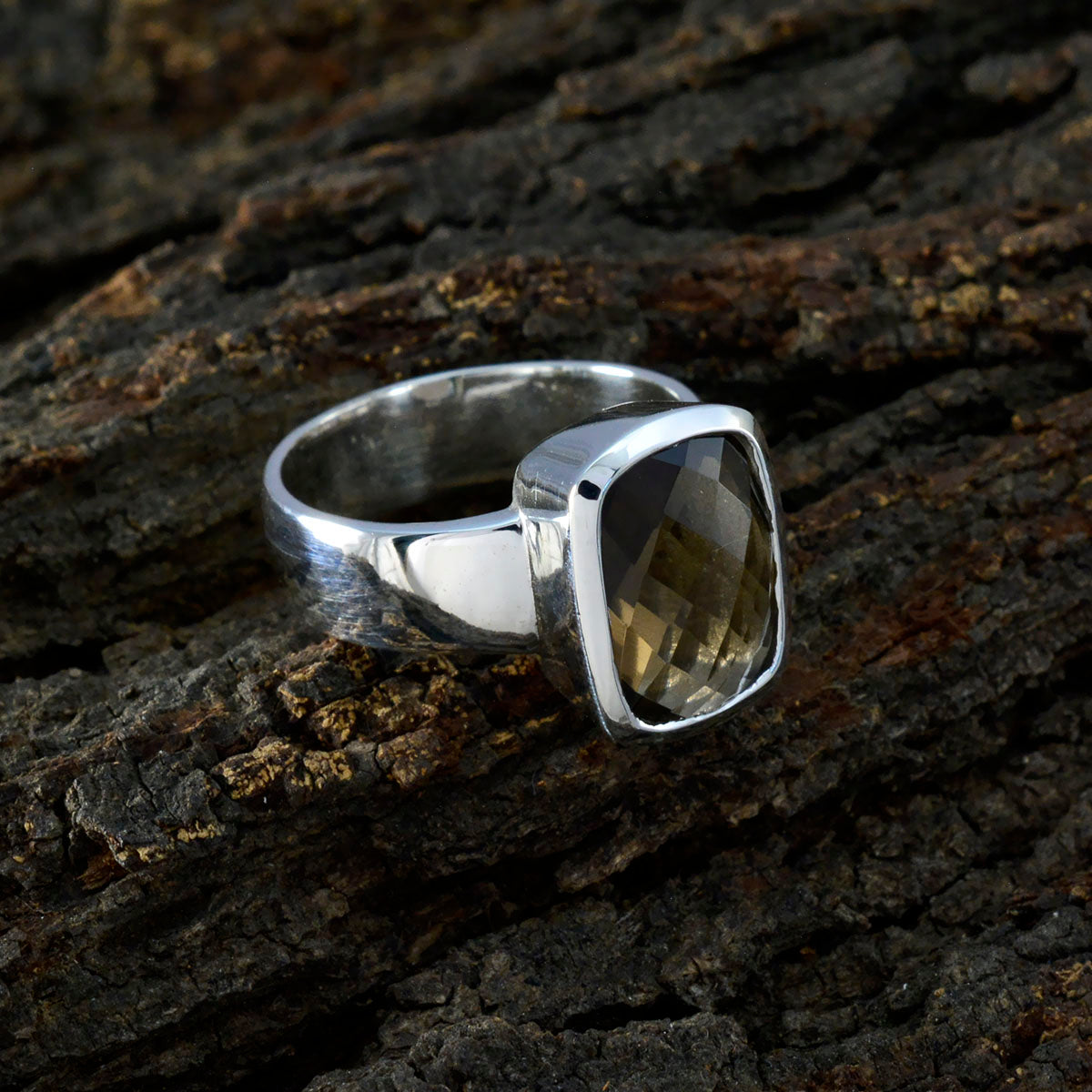 Smoky Quartz Solitaire French 925 Sterling Silver Brown Gemstone Versatile Modern Ring Jewellery