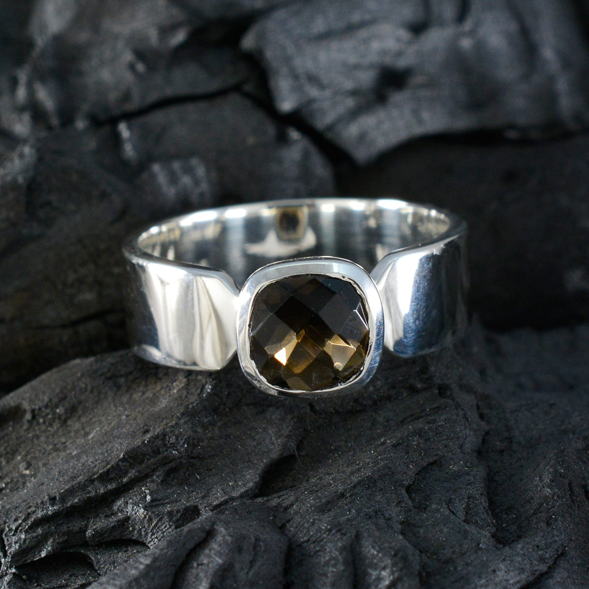 Smoky Quartz Solitaire Egyptian 925 Sterling Silver Brown Gems Classic Contemporary Ring Jewelry