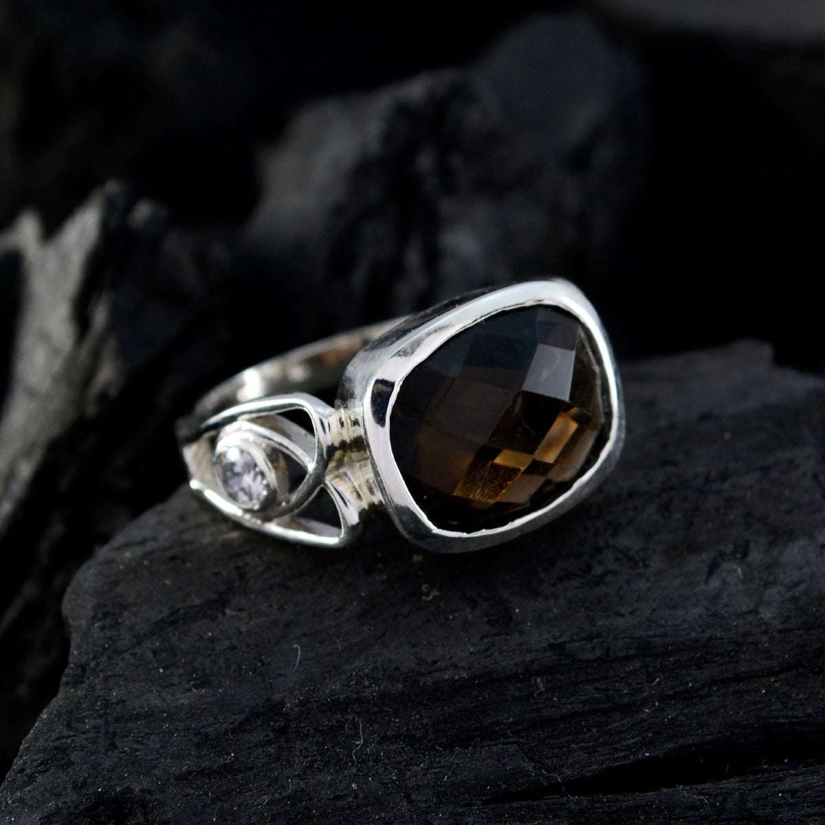 smoky quartz Halo Indian Sterling Silver Brown Gemstone Slim Boho Ring Jewellery