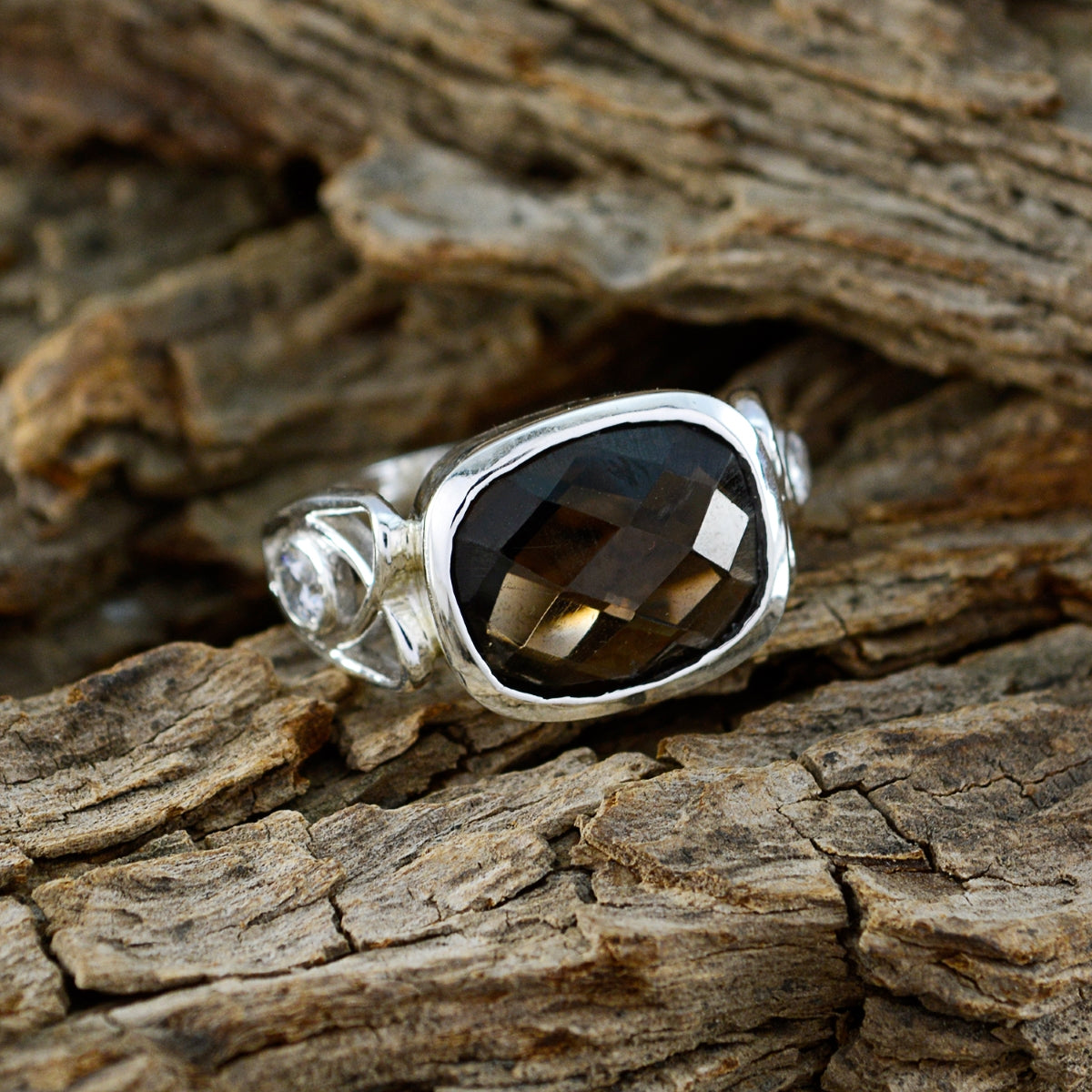 smoky quartz Halo Indian Sterling Silver Brown Gemstone Slim Boho Ring Jewellery