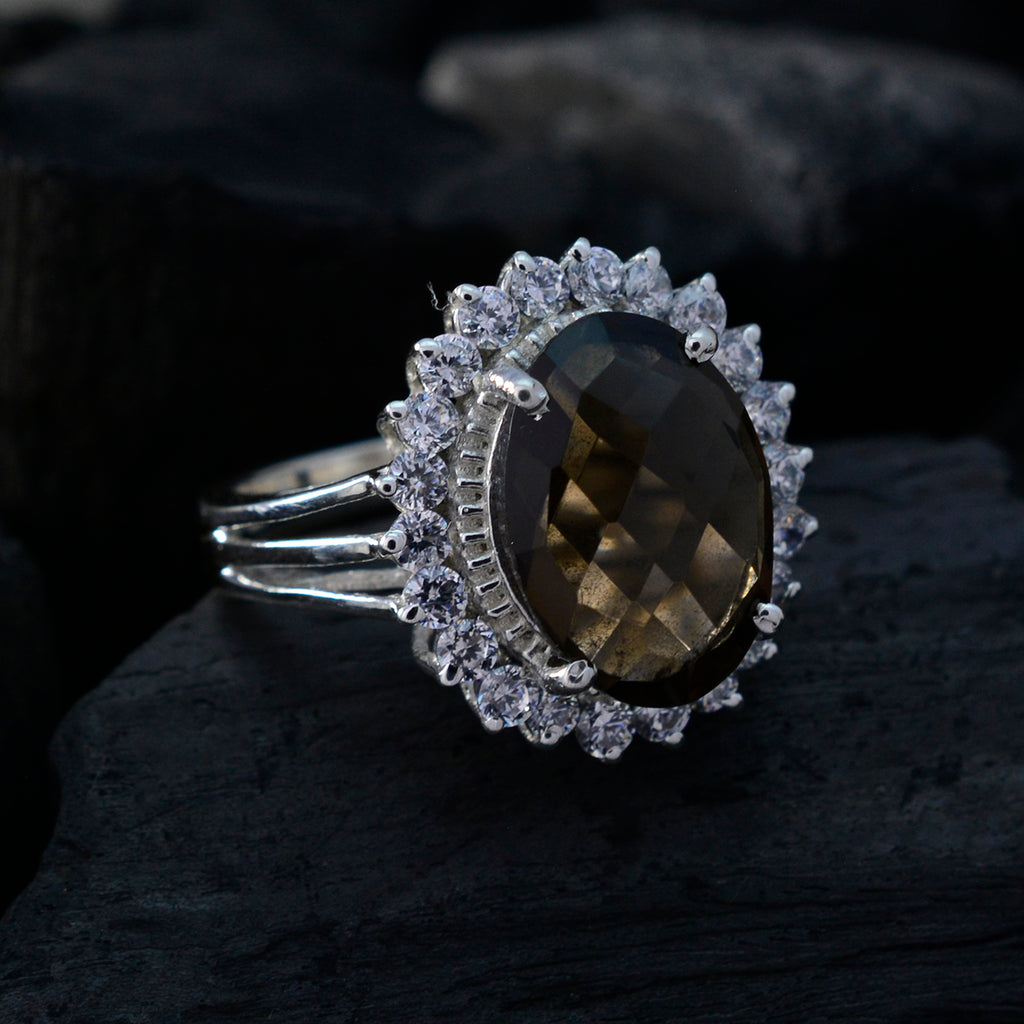 Smoky Quartz Halo Egyptian 92.5 Silver Brown Gemstone Classic Signet Ring Jewelry