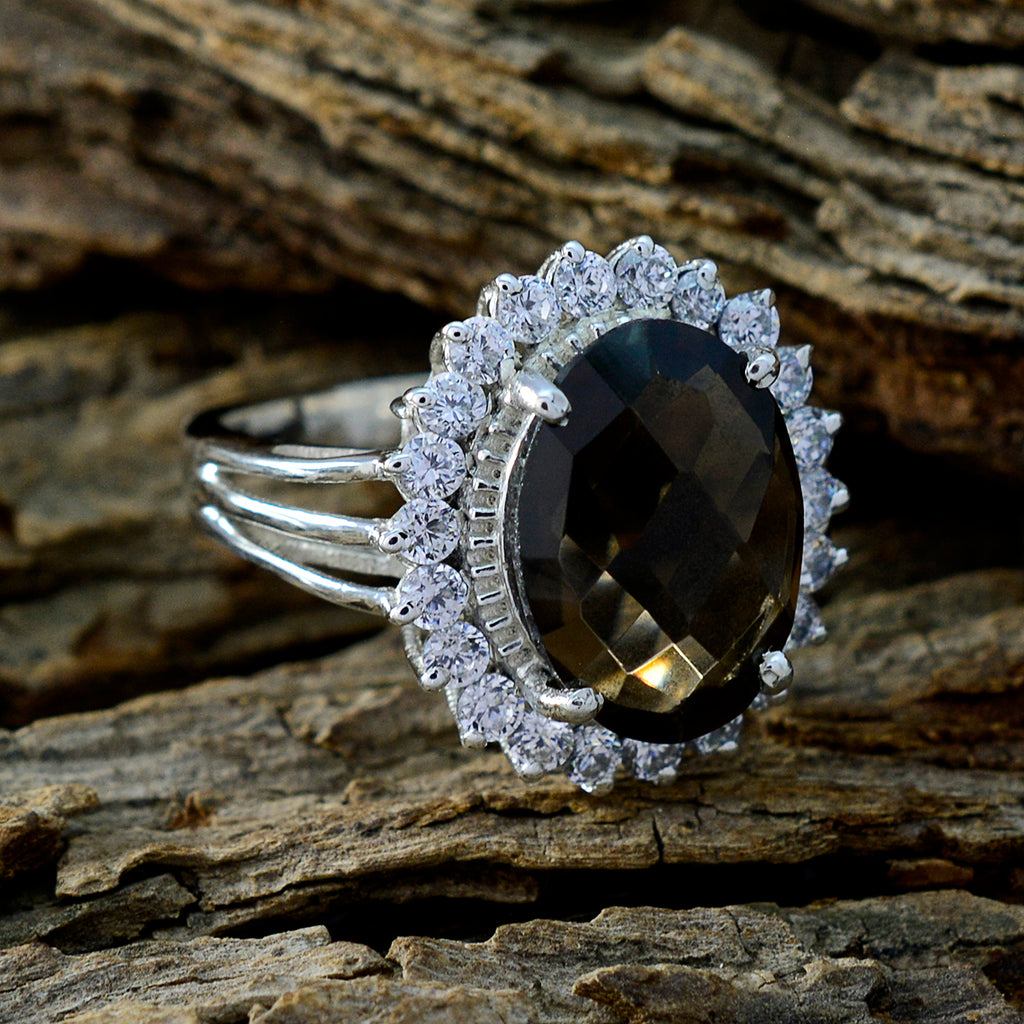 Smoky Quartz Halo Egyptian 92.5 Silver Brown Gemstone Classic Signet Ring Jewelry