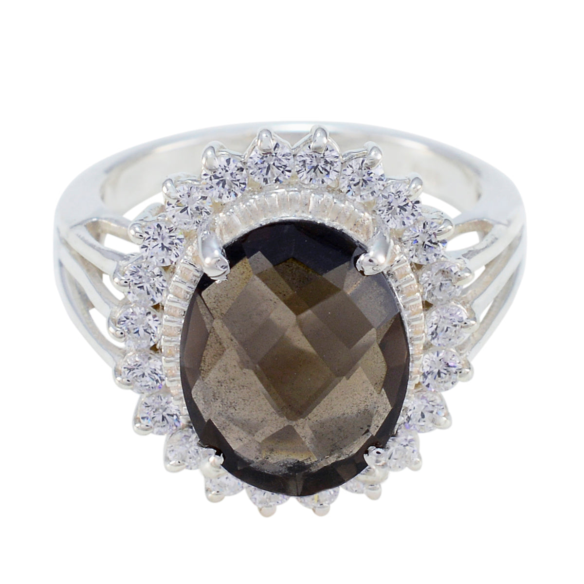 Smoky Quartz Halo Egyptian 92.5 Silver Brown Gemstone Classic Signet Ring Jewelry