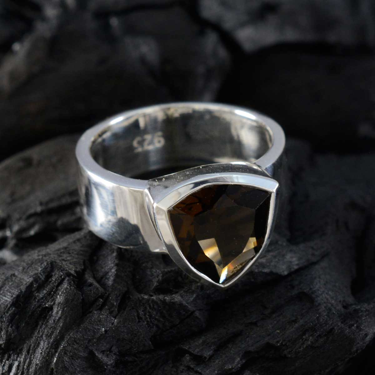 Smoky Quartz Solitaire Egyptian 925 Silver Brown Gemstone Eye catching Signet Band Jewelry