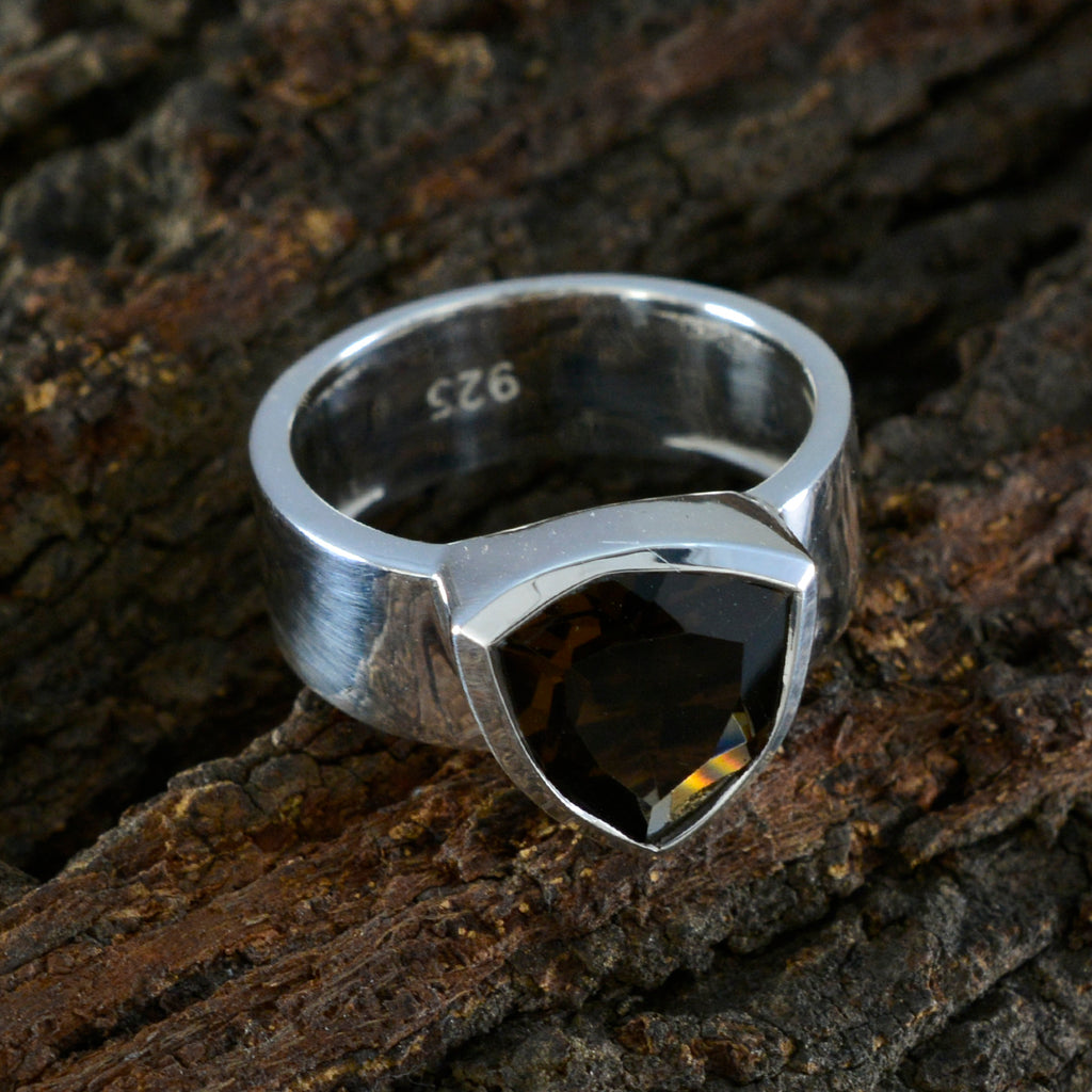 Smoky Quartz Solitaire Egyptian 925 Silver Brown Gemstone Eye catching Signet Band Jewelry