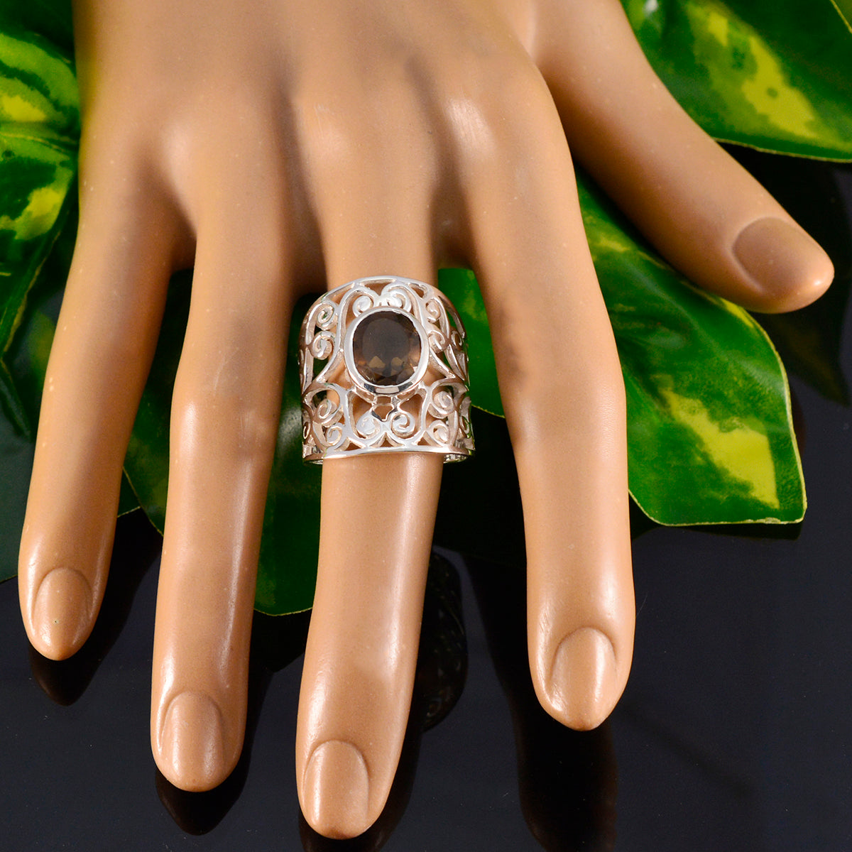 smoky quartz Solitaire Spanish 925 Sterlings Silver Brown Gems Eye catching Filigree Ring Jewellery