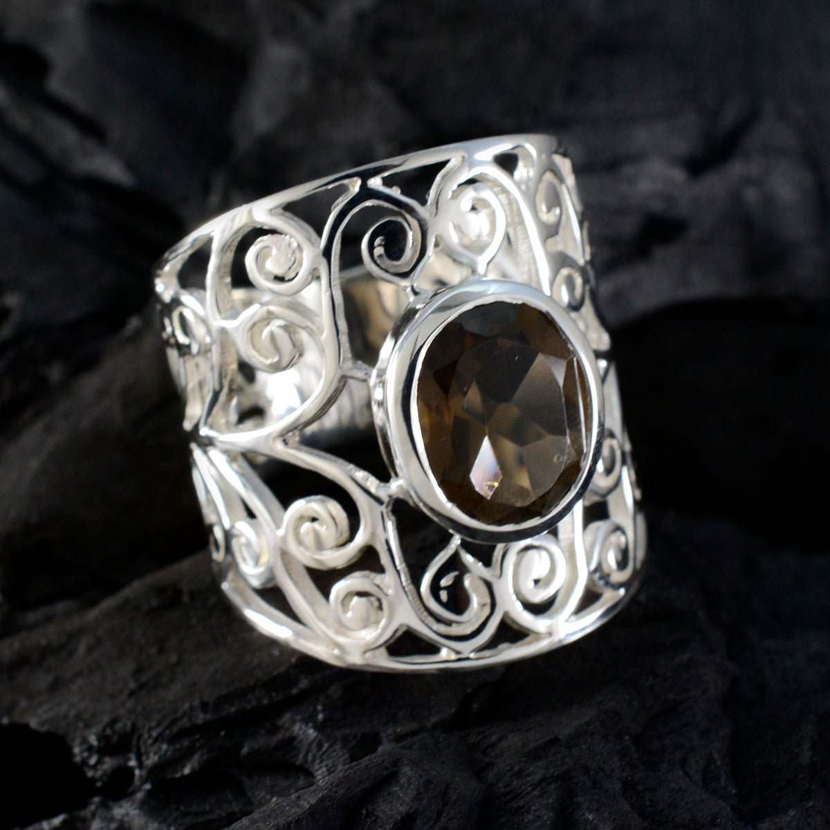 smoky quartz Solitaire Spanish 925 Sterlings Silver Brown Gems Eye catching Filigree Ring Jewellery