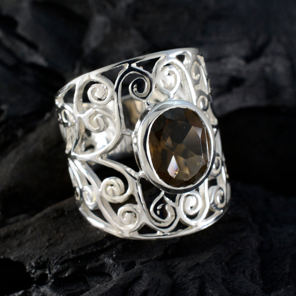 smoky quartz Solitaire Spanish 925 Sterlings Silver Brown Gems Eye catching Filigree Ring Jewellery