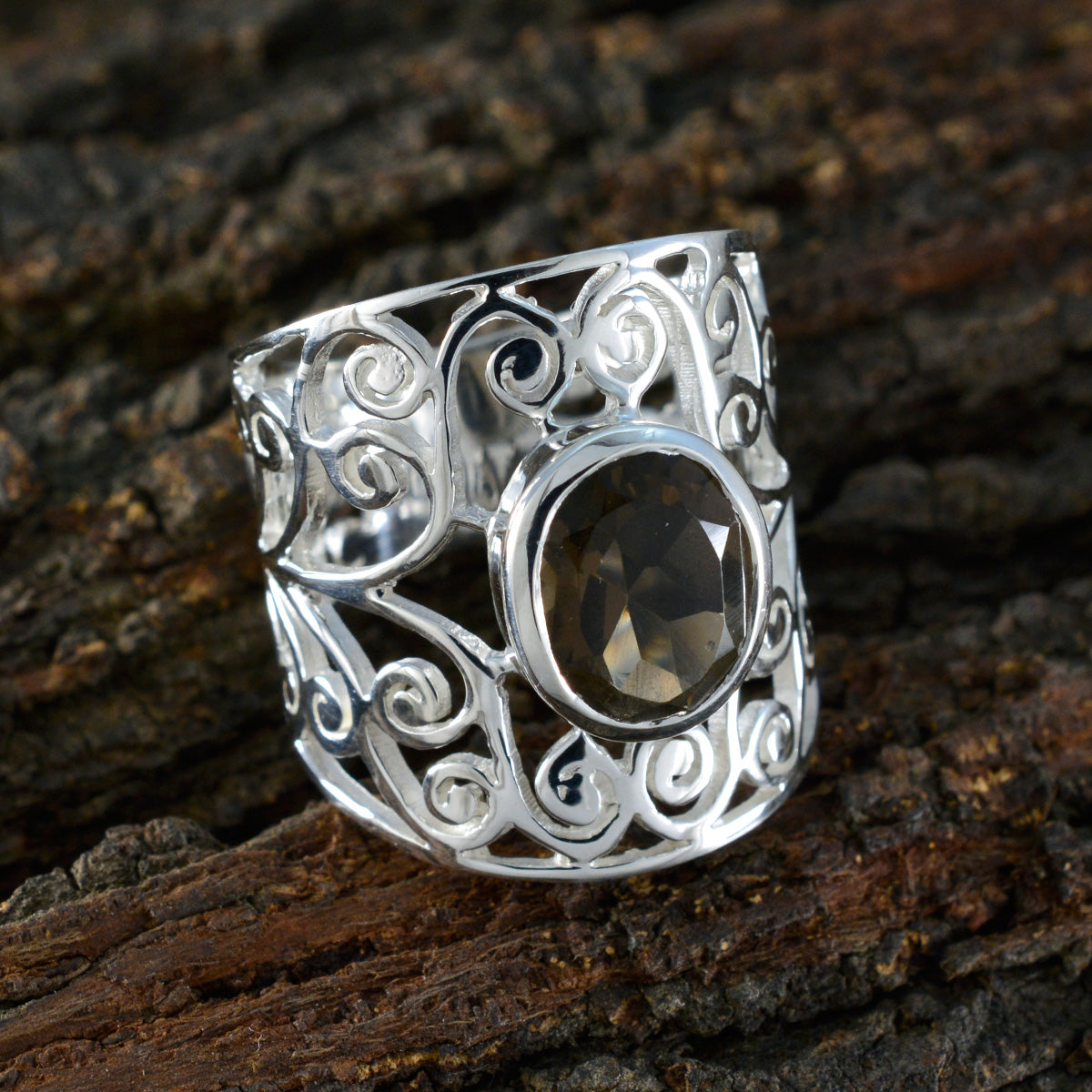 smoky quartz Solitaire Spanish 925 Sterlings Silver Brown Gems Eye catching Filigree Ring Jewellery