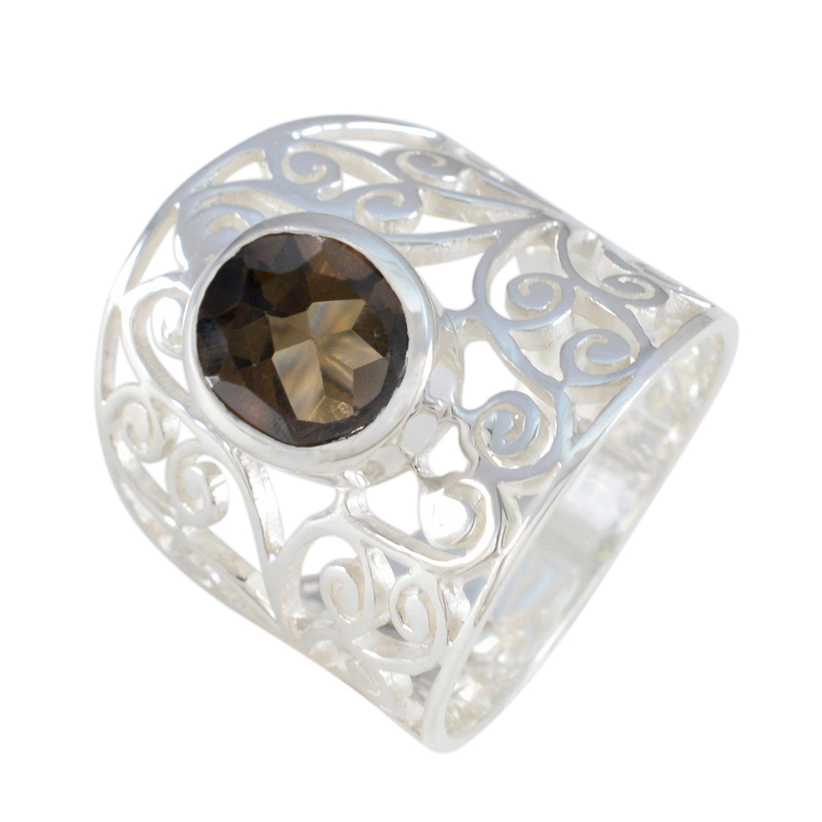 Anello in filigrana accattivante con quarzo fumé solitario in argento sterling 925 spagnolo, gemme marroni Immagine secondaria del prodotto