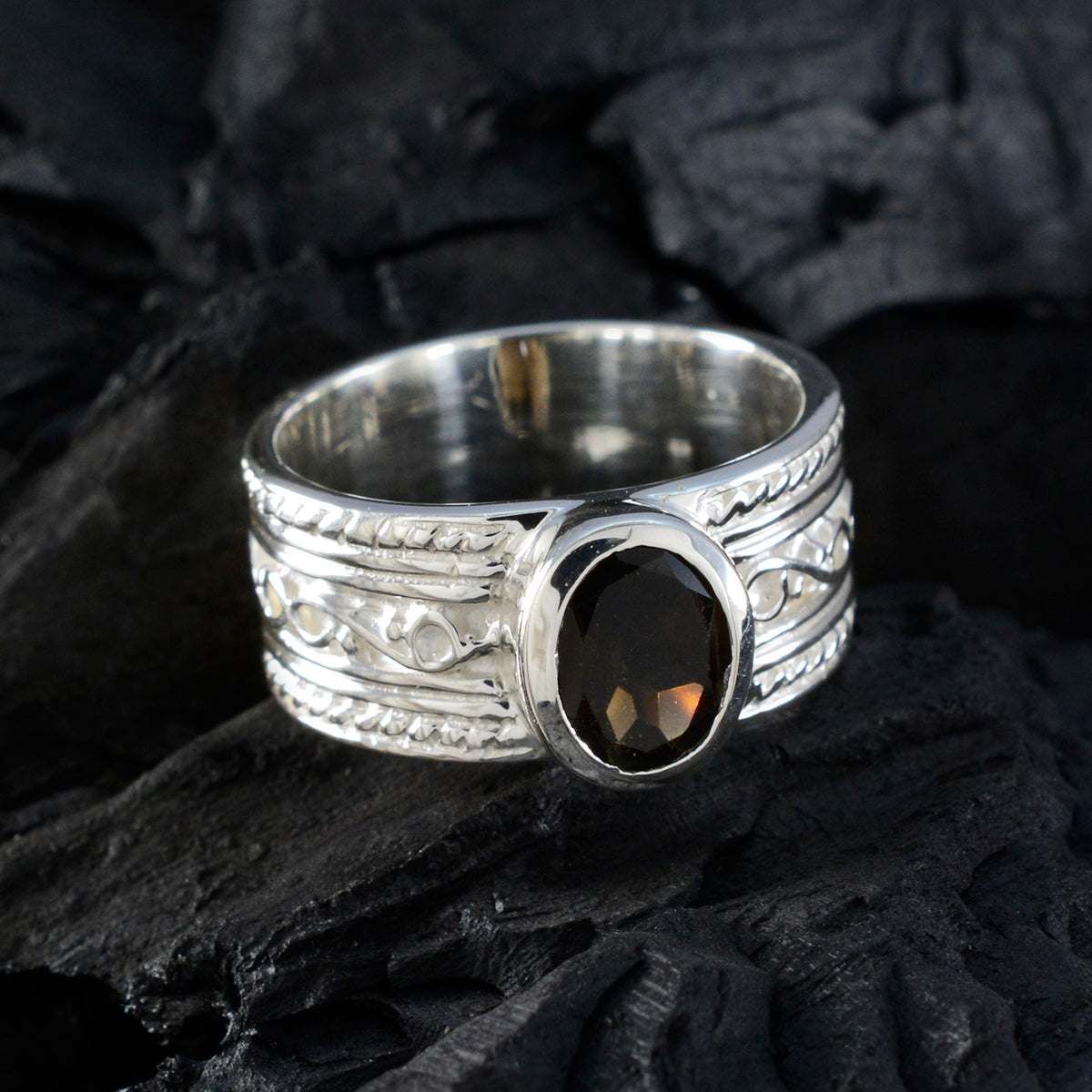 smoky quartz Solitaire Russian Silver Brown Gemstones Mid weight Art Deco Ring Jewelry