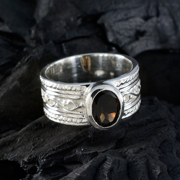 smoky quartz Solitaire Russian Silver Brown Gemstones Mid weight Art Deco Ring Jewelry