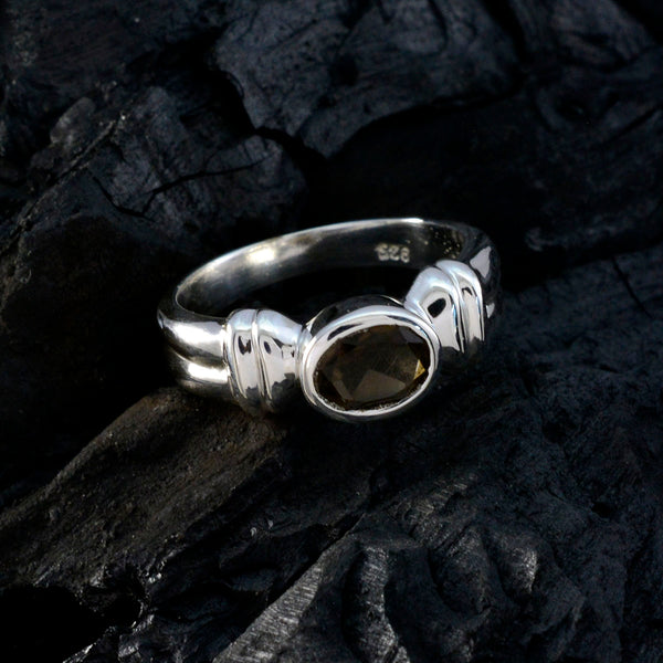 Smoky Quartz Solitaire German 925 Silver Brown Gemstones Classic Luxurious Ring Jewellery