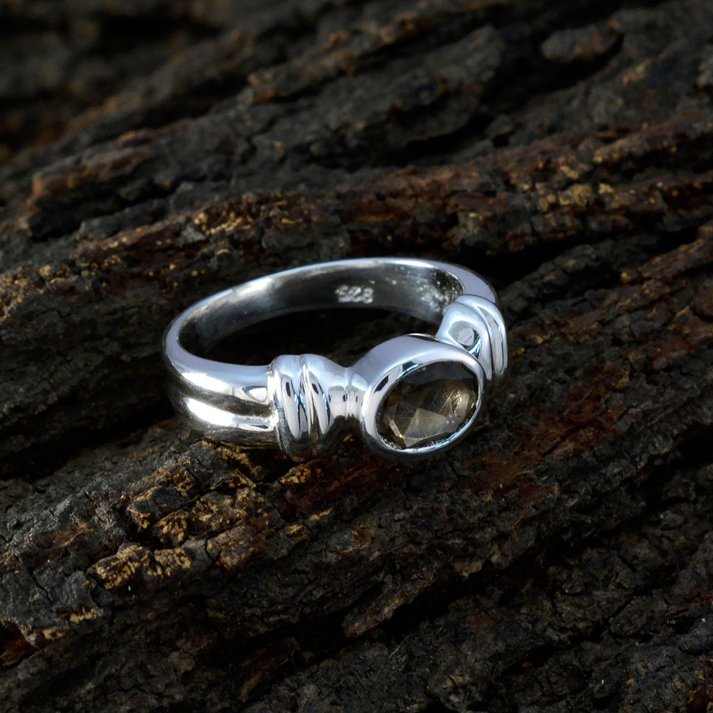Smoky Quartz Solitaire German 925 Silver Brown Gemstones Classic Luxurious Ring Jewellery