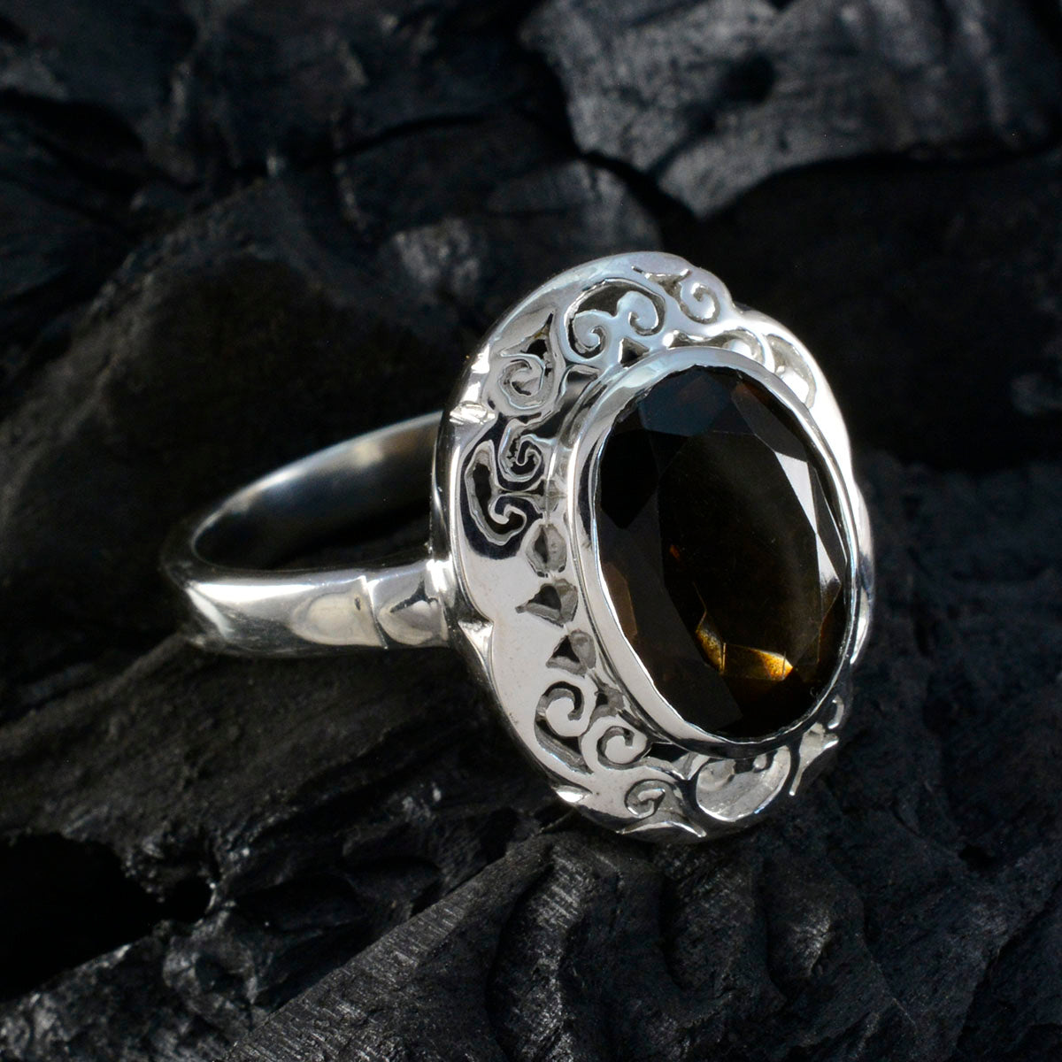 Smoky Quartz Solitaire Italian 925 Silver Brown Gems Edgy Filigree Ring Jewelry