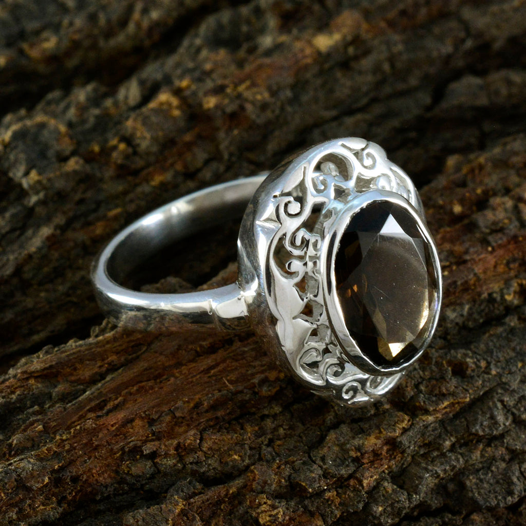 Smoky Quartz Solitaire Italian 925 Silver Brown Gems Edgy Filigree Ring Jewelry