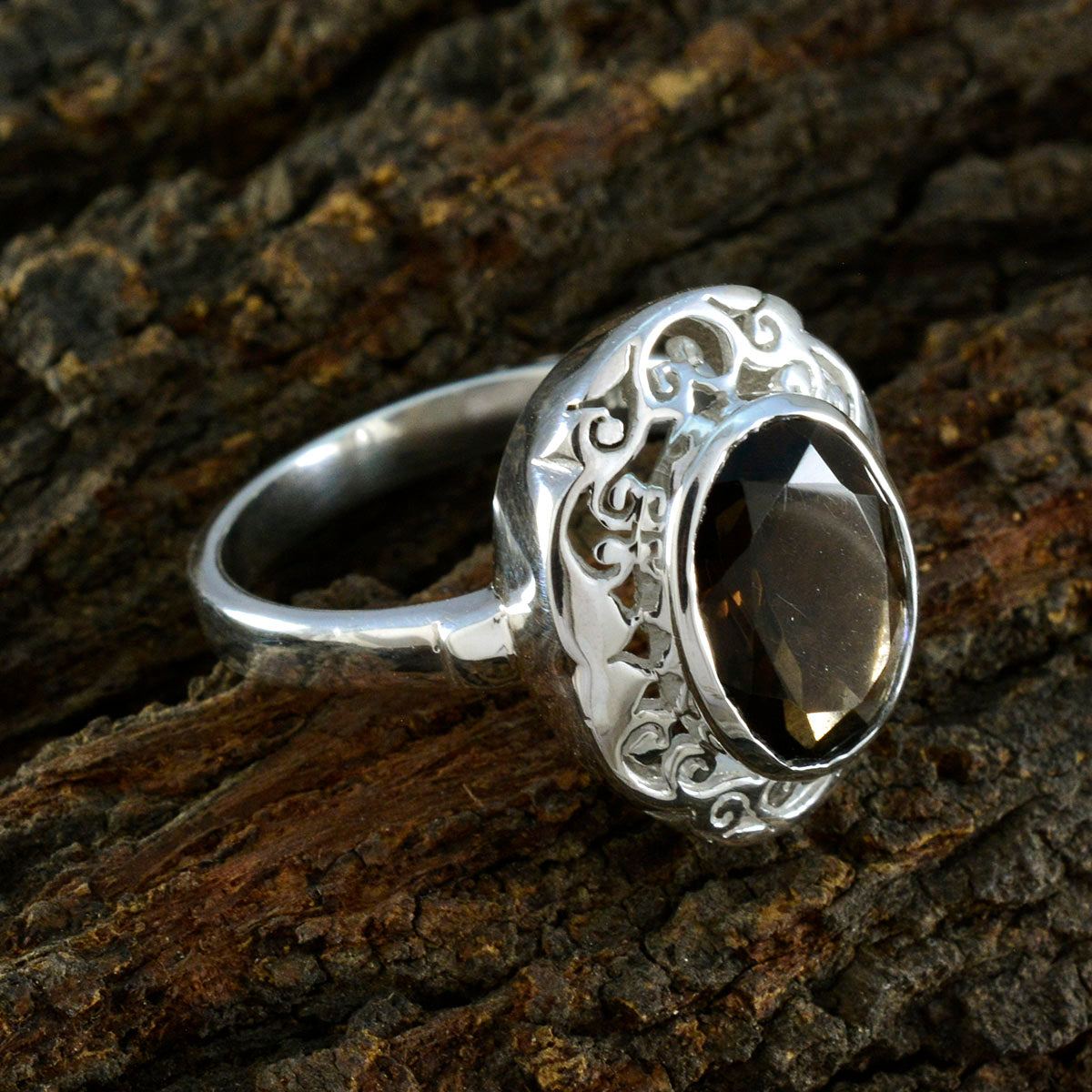 Smoky Quartz Solitaire Italian 925 Silver Brown Gems Edgy Filigree Ring Jewelry