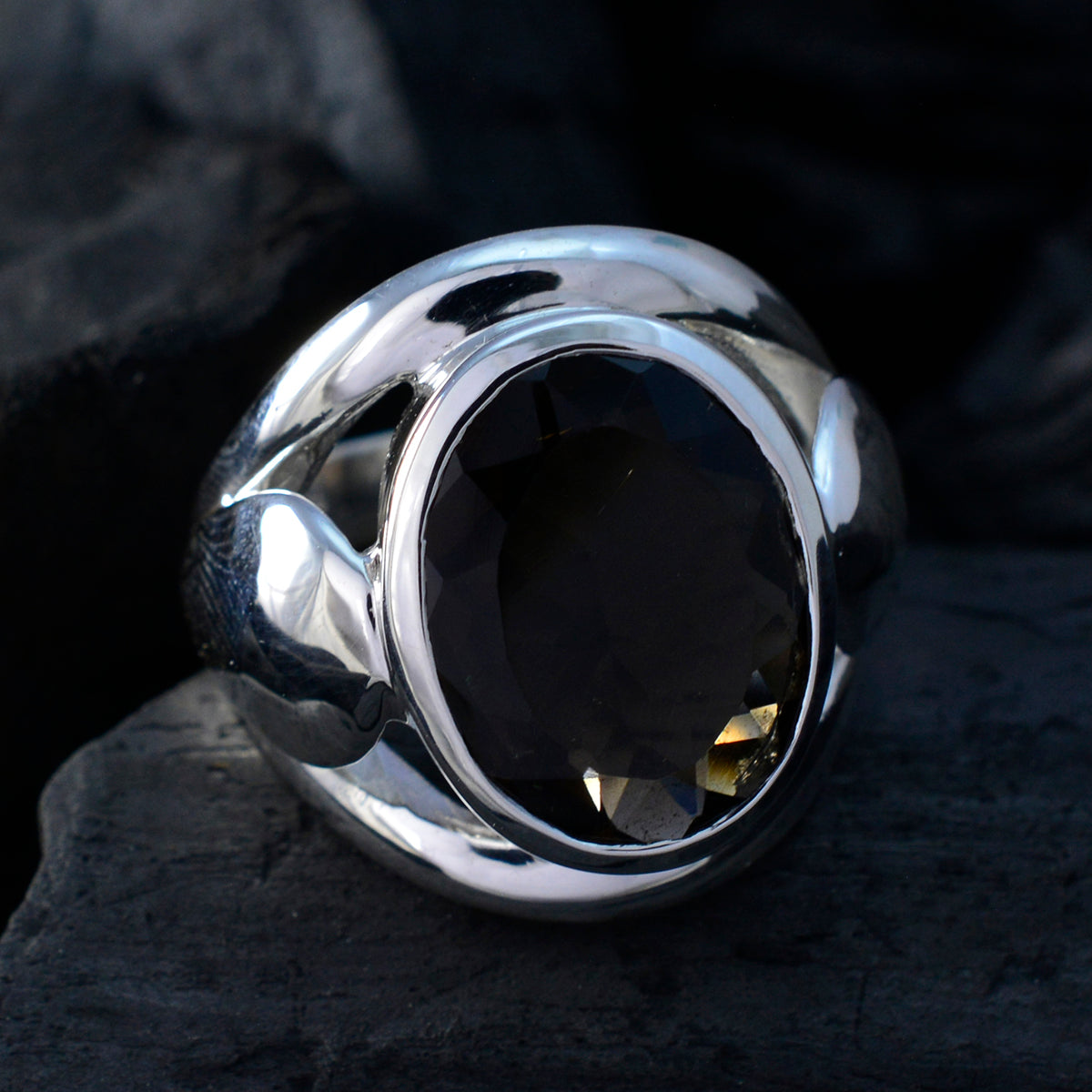 Smoky Quartz Solitaire Italian 925 Sterling Silver Brown Gemstone Statement Traditional Ring Jewellery