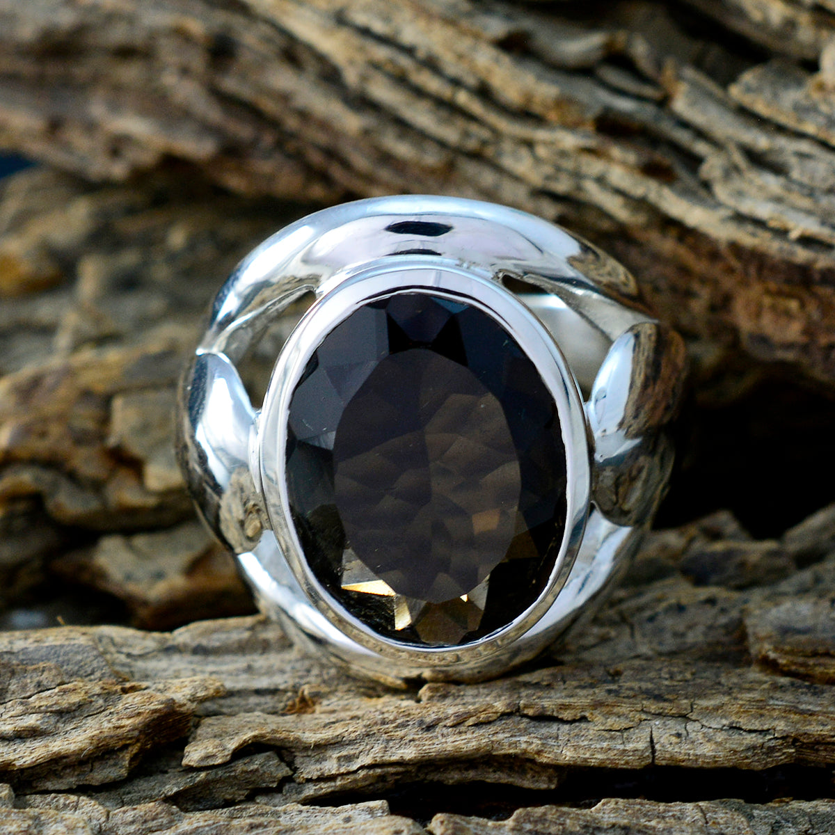 Smoky Quartz Solitaire Italian 925 Sterling Silver Brown Gemstone Statement Traditional Ring Jewellery
