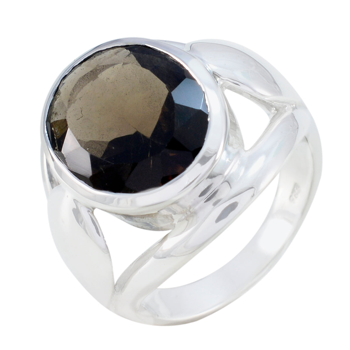 Anillo tradicional de declaración con solitario de cuarzo ahumado en plata de ley 925 italiana con gema marrón. Imagen secundaria del producto