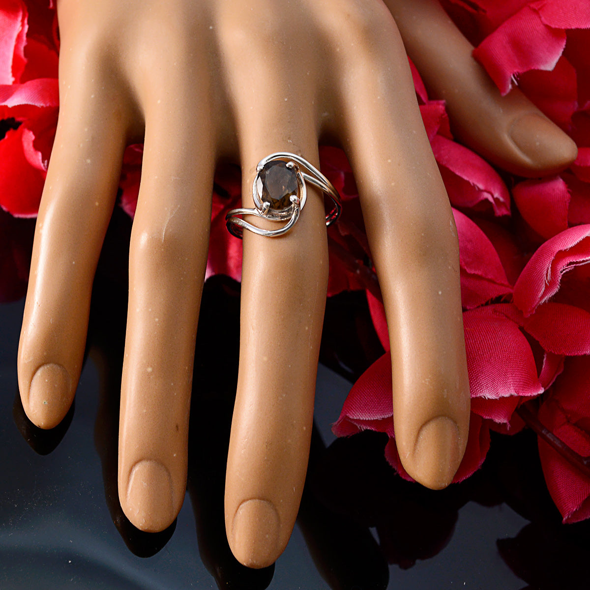 smoky quartz Solitaire American 925 Silver Brown Gems Delicate Feminine Ring Jewelry