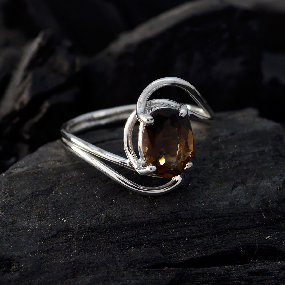 smoky quartz Solitaire American 925 Silver Brown Gems Delicate Feminine Ring Jewelry
