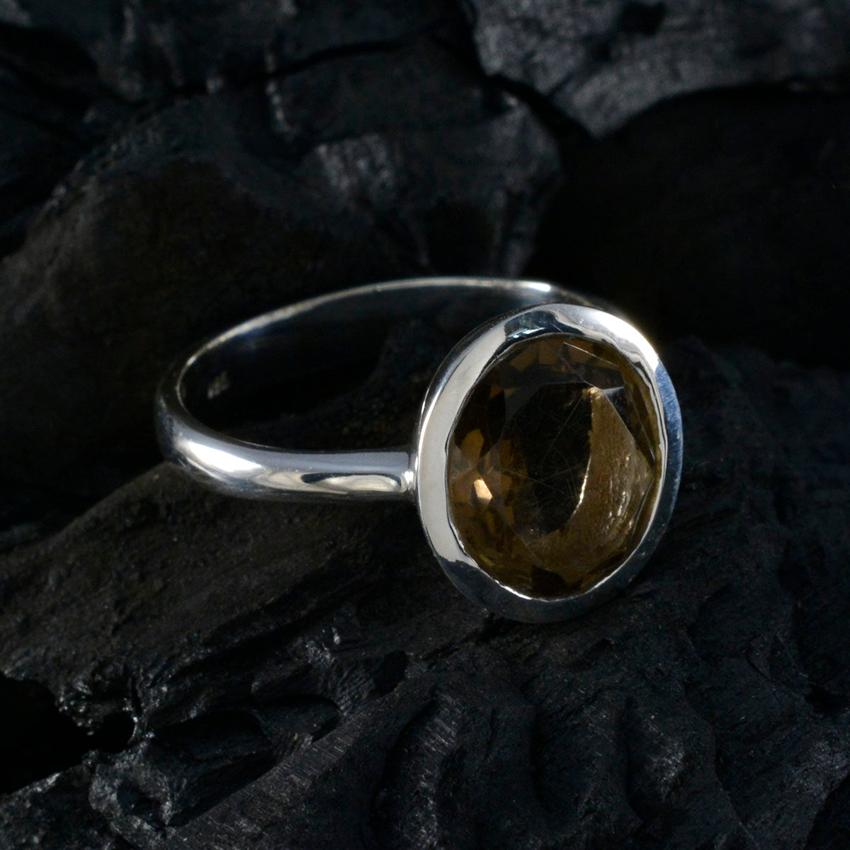 Smoky Quartz Solitaire Russian 925 Sterling Silver Brown Gemstones Minimal Modern Ring Jewelry