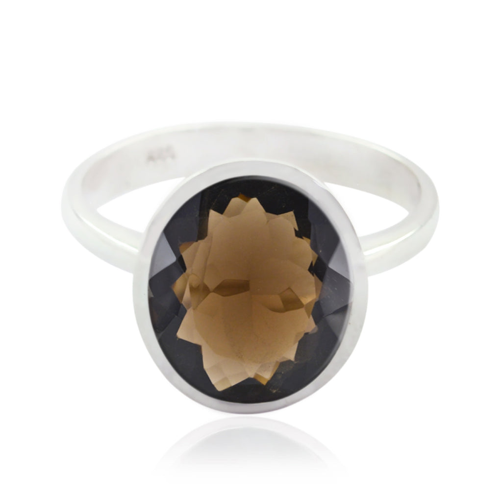 Smoky Quartz Solitaire Russian 925 Sterling Silver Brown Gemstones Minimal Modern Ring Jewelry