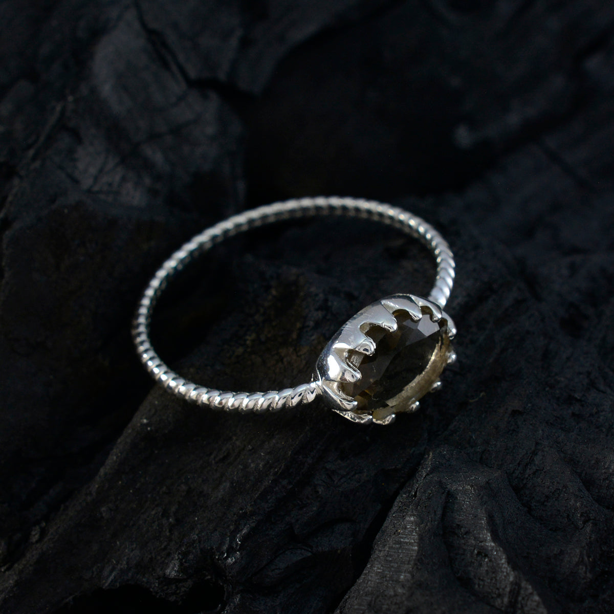 Smoky Quartz Solitaire American 92.5 Silver Brown Gems Elegant  Twist Ring Jewelry