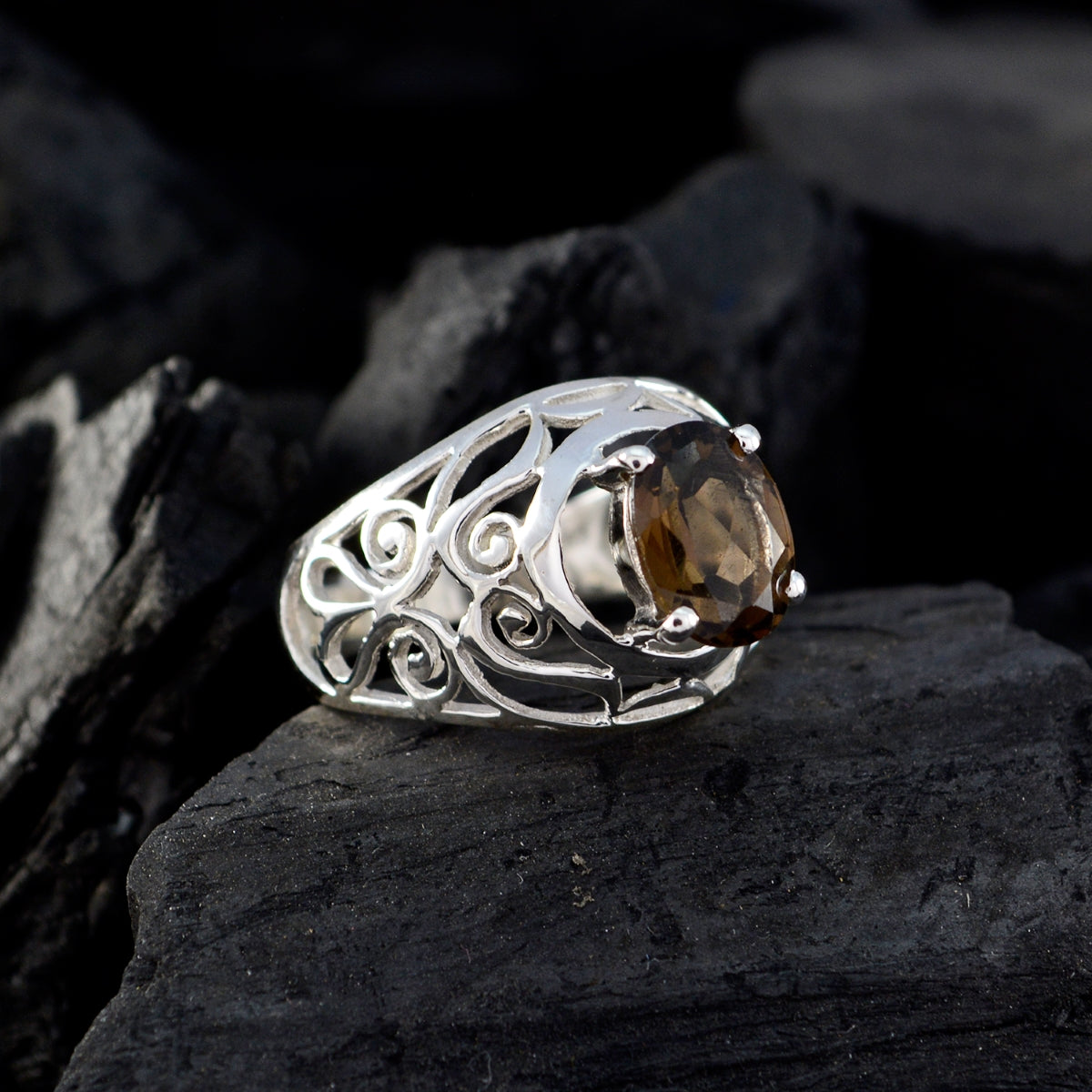 smoky quartz Solitaire Latin American Sterling Silver Brown Gemstone Featherlight Filigree Ring Jewelry