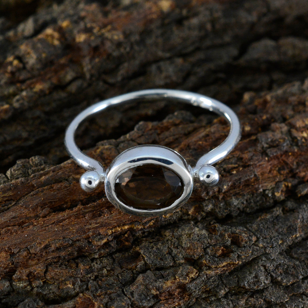 Smoky Quartz Solitaire American 925 Sterling Silver Brown Gemstone Dainty Trendy Ring Jewelry