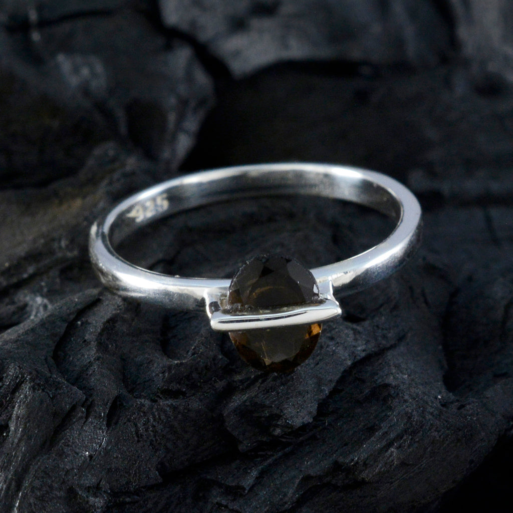 Smoky Quartz Solitaire Korean 92.5 Silver Brown Gems Delicate Sophisticated Ring Jewelry