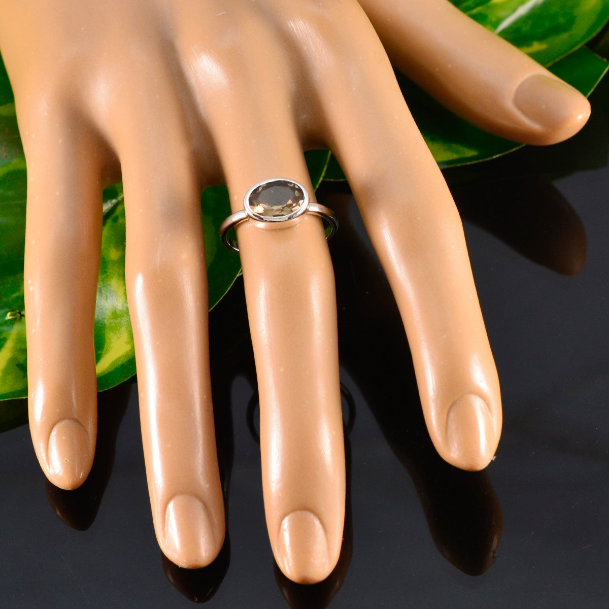 Smoky Quartz Solitaire Korean 925 Sterling Silver Brown Gemstone Dainty Modern Ring Jewellery