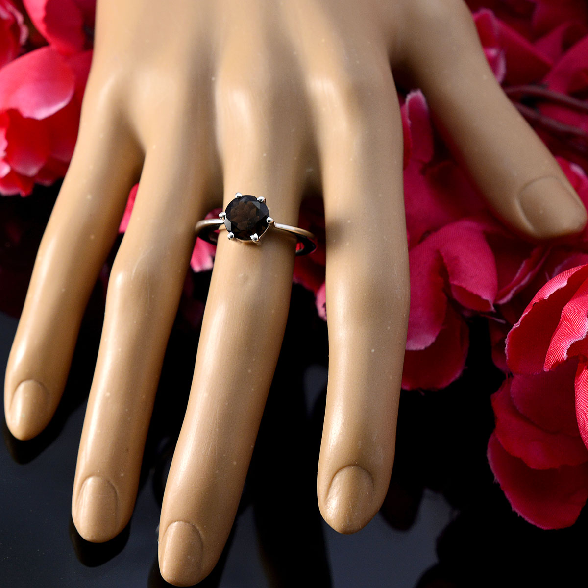 smoky quartz Solitaire French Sterling Silver Brown Gemstone Slim Feminine Ring Jewellery
