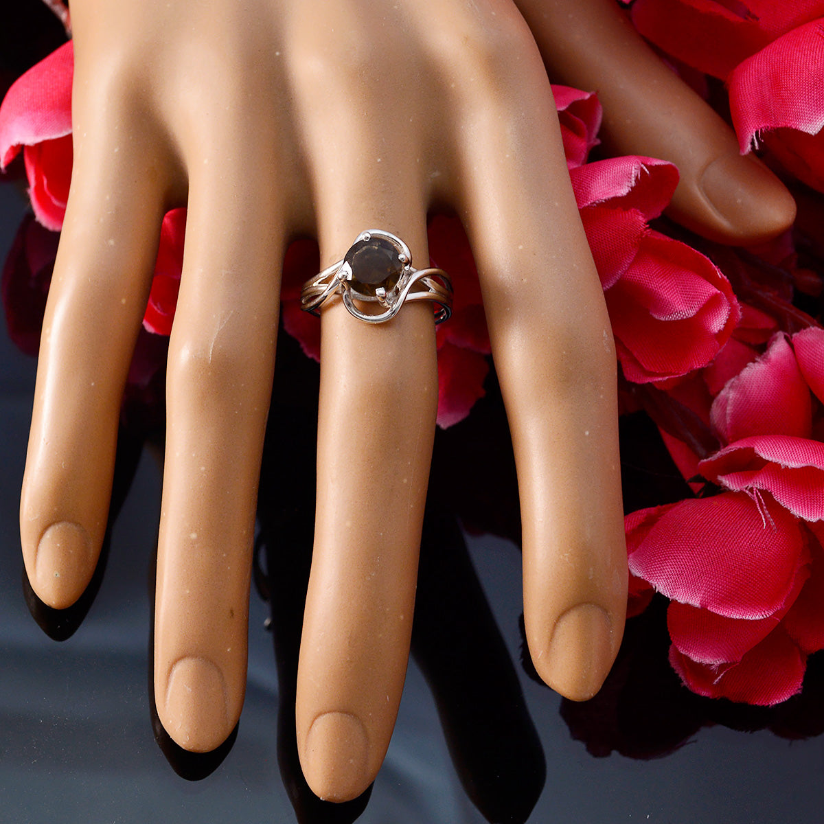smoky quartz Solitaire Korean 925 Sterling Silver Brown Gems Delicate Modern Ring Jewellery