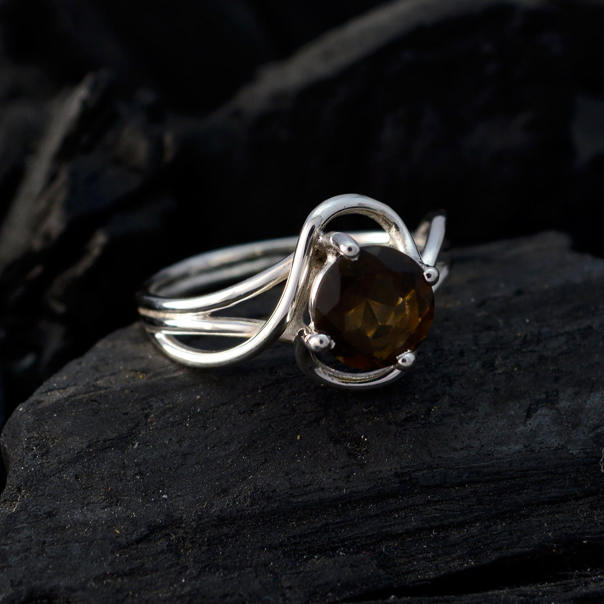 smoky quartz Solitaire Korean 925 Sterling Silver Brown Gems Delicate Modern Ring Jewellery