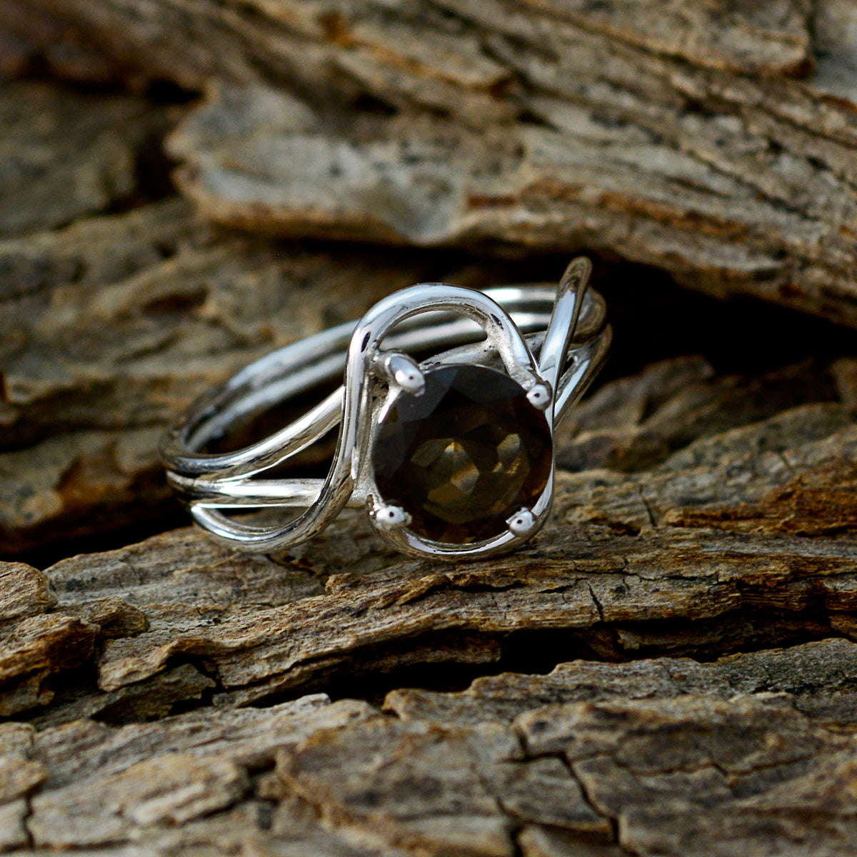 smoky quartz Solitaire Korean 925 Sterling Silver Brown Gems Delicate Modern Ring Jewellery