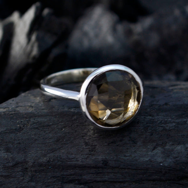 smoky quartz Solitaire German 92.5 Silver Brown Gems Tiny Sophisticated Ring Jewellery
