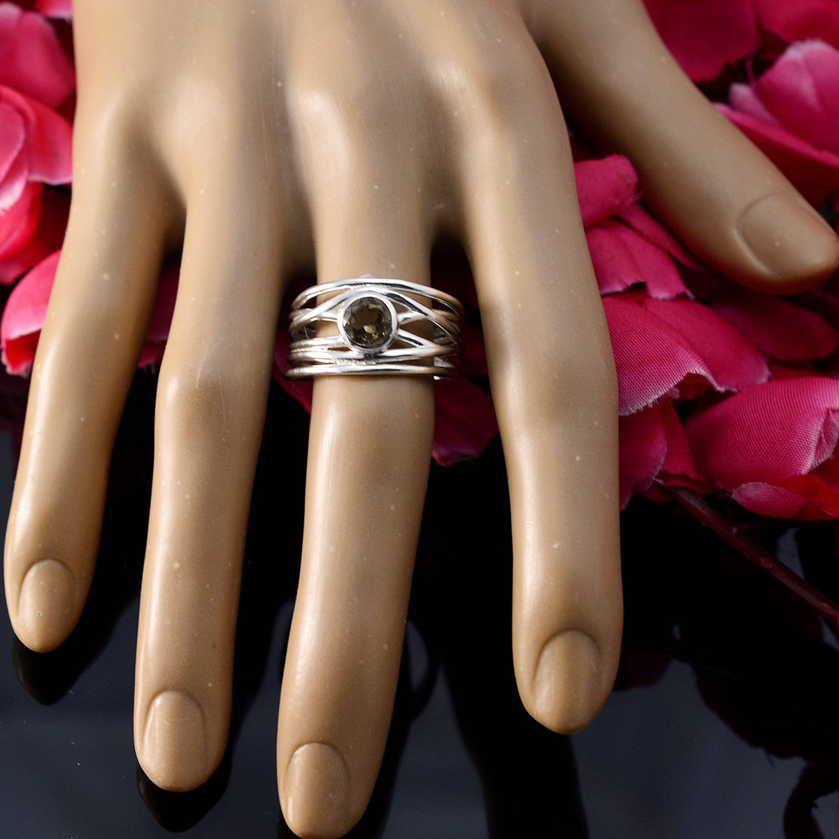 Smoky Quartz Solitaire Italian 925 Sterling Silver Brown Gems Eye catching Rope Wire Band Jewellery