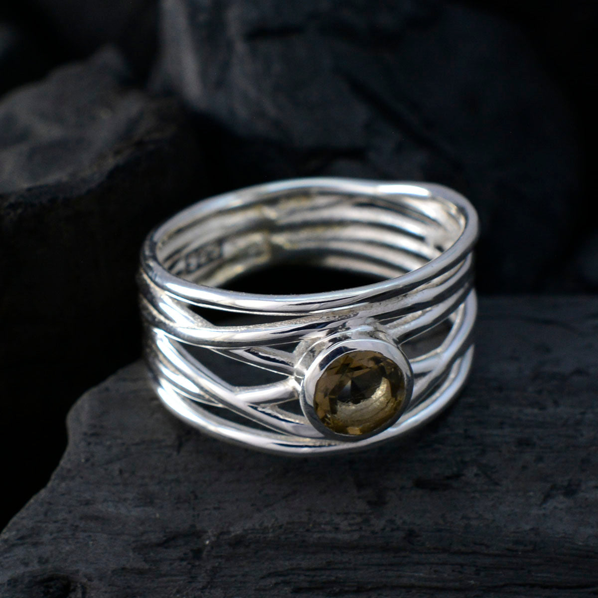 Smoky Quartz Solitaire Italian 925 Sterling Silver Brown Gems Eye catching Rope Wire Band Jewellery