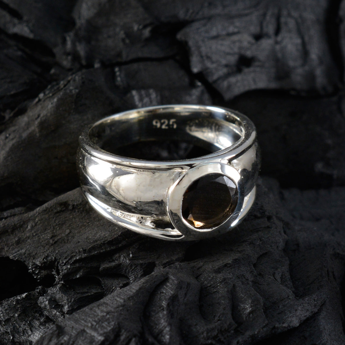 Smoky Quartz Solitaire German 925 Silver Brown Gems Classic Modern Ring Jewelry