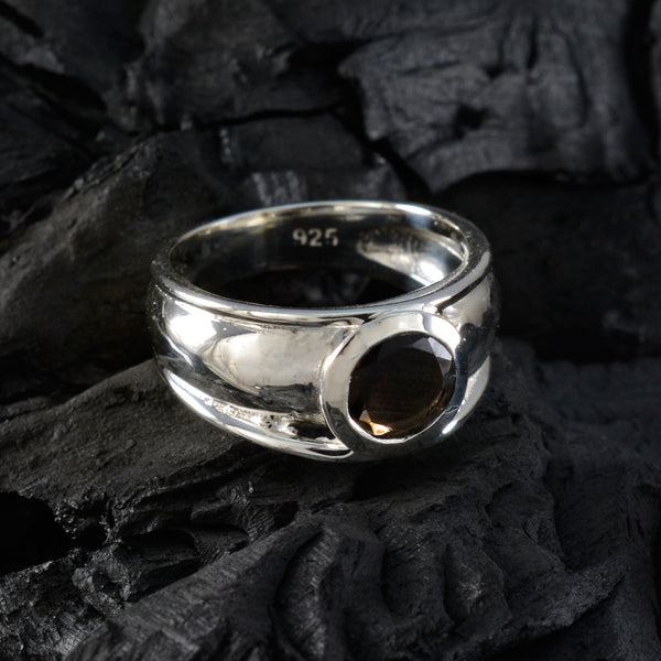 Smoky Quartz Solitaire German 925 Silver Brown Gems Classic Modern Ring Jewelry